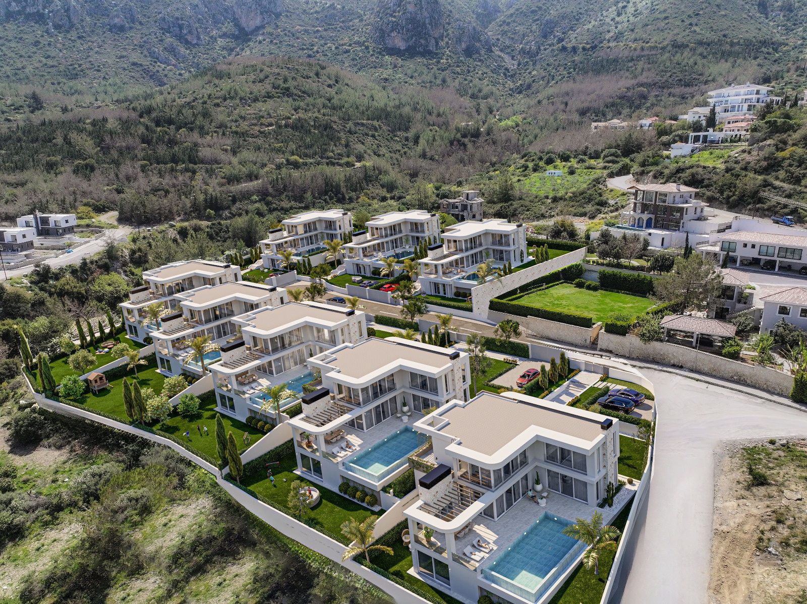 Karmi Villas — Burak Başlılar'ın Girne'deki lüks villa projesi, Beşparmak Dağları etekleri havadan görünüm
